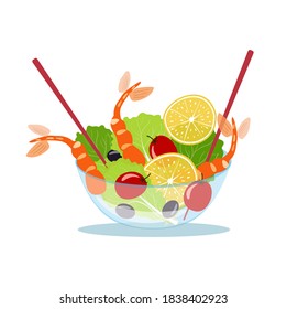 Caesar salad with shrimp, lettuce and olives in a glass bowl.