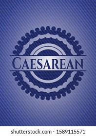 Caesarean badge with denim background. Vector Illustration. Detailed.