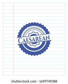 Caesarean emblem draw with pen effect. Blue ink. Vector Illustration. Detailed.