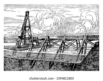 Caesars Bridge Over the Rhine built by Julius Caesar his legionaries to aid in crossing the Rhine River considered masterpieces of military engineering vintage line drawing or engraving illustration.