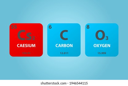 Caesium Carbonate Cs2CO3 molecule. Simple molecular formula consisting of Caesium, Carbon, Oxygen elements. Chemical compound simplified structure on blue background, for chemistry education
