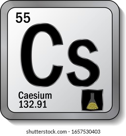 Caesium or Cesium or Cs periodic table element icon on silver metallic button vector illustration. 3d sticker with soft shadow for chemical product label or digital web page graphic design element.
