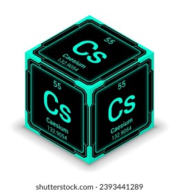 Caesium (Cs) (055) - Fundamental Element Futuristic Cybernetic Cube Block Isometric View, Icon Isolated White Background, Periodic Table, Chemical Symbol, Name, Atomic Mass, Atomic Number