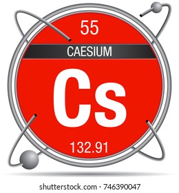 Caesium symbol inside a metal ring with colored background and spheres orbiting around. Element number 55 of the Periodic Table of the Elements - Chemistry 