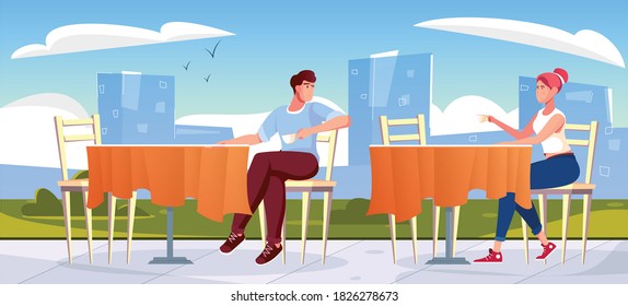 Cafe acquaintance flat composition with outdoor cityscape background with restaurant tables and man speaking with woman vector illustration