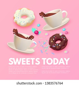 Cafe Ad Design Template. Coffee, Sweets and Ice Cream. Chocolate and Donut. Candy. Cute and Delicious.
