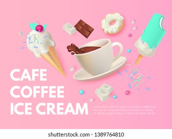 Cafe Ad Design Template. Coffee, Sweets and Ice Cream. Chocolate and Donut. Candy. Cute and Delicious.