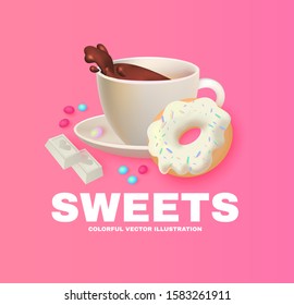 Cafe Ad Design Template. Coffee and Sweets. Chocolate and Donut. Candy. Cute and Delicious.