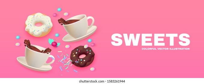 Cafe Ad Design Template. Coffee and Sweets. Chocolate and Donut. Candy. Cute and Delicious.