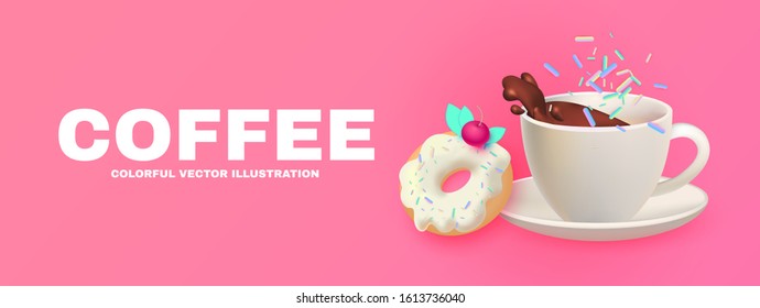 Cafe Ad Design Template. Coffee and Sweets. Chocolate and Donut. Candy. Cute and Delicious.