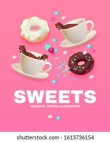 Cafe Ad Design Template. Coffee and Sweets. Chocolate and Donut. Candy. Cute and Delicious.