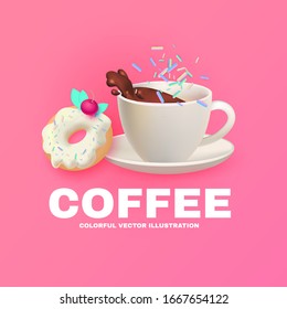 Cafe Ad Design Template. Coffee and Sweets. Chocolate and Donut. Candy. Cute and Delicious.