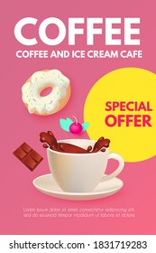 Cafe Ad Design Template. Coffee, Sweets and Ice Cream. Chocolate and Donut. Candy. Cute and Delicious.