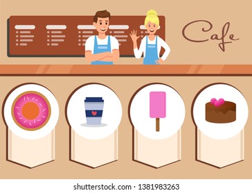 Cafe Advertising Flat Banner Professional Service Vector Illustration Price Menu Editable Cards Friendly Male and Female Welcoming Future Clients Standing near Sales Register Desk and Shop Window