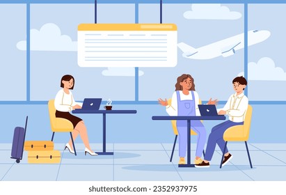 Cafe in airport concept. Men and women sit at tables against backdrop of planes taking off. Travel and tourism, trip and journey. People with coffee and hot drinks. Cartoon flat vector illustration