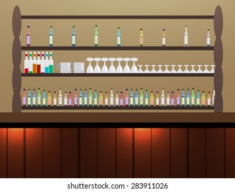 Cafe alcohol drink bar interiors background with nobody and no chair. wooden rack and bar with many colorful alcohol bottle and glass wine  on shelf