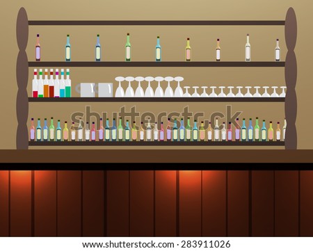 Cafe alcohol drink bar interiors background with nobody and no chair. wooden rack and bar with many colorful alcohol bottle and glass wine  on shelf
