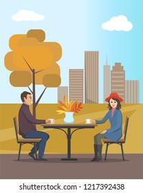 Cafe in autumn city park, people in love enjoying view of autumnal trees and scenery vector. Woman and man drinking tea hot coffee beverage together