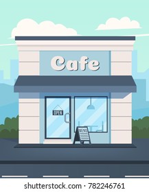 Cafe in the background of the city. Cafe facade. Vector illustration in a flat style