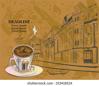 Cafe background decorated with old town views and an abstract cup of coffee with an entrance to the restaurant and clock.