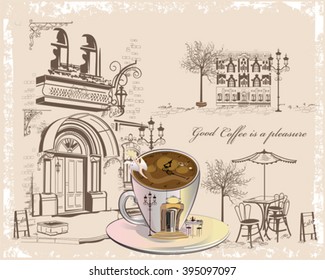 Cafe background decorated with old town views and an abstract cup of coffee with an entrance to the restaurant and clock.