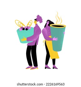 Ilustración conceptual de café o panadería en estilo plano. Personajes divertidos con un gran quequito y una taza de café de papel. Imágenes aisladas de Baker y de camarero para diseño de pancartas o pegatinas