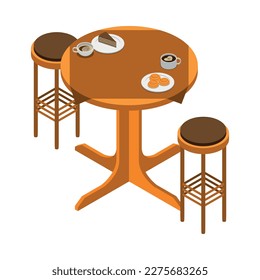 Cafe or bakery interior icon with two stools desserts and cups of coffee on round table 3d isometric vector illustration