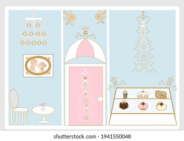 Cafe bakery shop decorating by vintage style  cafe there are cake dessert and drink for cafe cartoon icon background and texture interior design concept