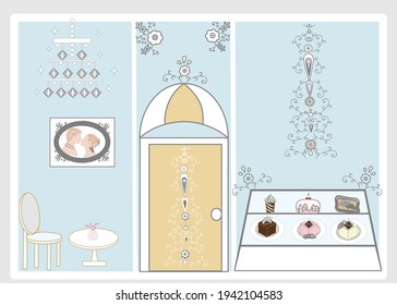 Cafetería panadería decorada por una cafetería de estilo vintage hay postre de pasteles y bebida para café dibujos animados fondo de icono y concepto de diseño de interiores de texturas