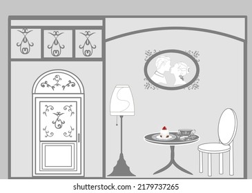 Cafe-Bäckerei-Shop mit Loft-Stil Café gibt es Kuchen-Dessert und Getränke für Cafe-Cartoon-Symbol Hintergrund und Design-Design-Konzept der Struktur-Design-Design