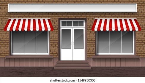 Cafe, bakery or shop facade with entrance door and glass windows with striped awnings, vector illustration. Small street shop exterior, brick storefront.