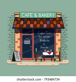 Cafe and bakery. Bakery shop. The facade of a bakery shop and cafe. Vector illustration.