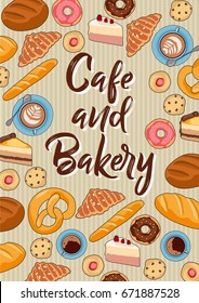 Cafe and bakery - vector illustration with hand drawn coffee cups, cookies, donuts, pretzels,breads  and cakes