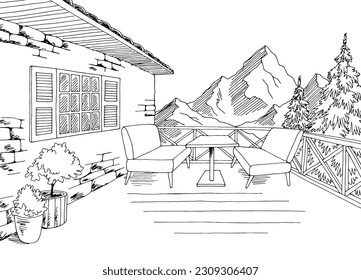 Cafe balcony in the mountains graphic black white sketch illustration vector