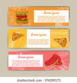 Cafe banners with hand drawn design. Fast food restaurant menu template. Set of cards for corporate identity. Vector illustration