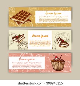 Cafe banners with hand drawn design. Dessert restaurant menu template. Set of cards for corporate identity. Vector illustration