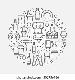 Cafe and bar circular illustration. Vector outline symbol made with food, drinks and beverages icons