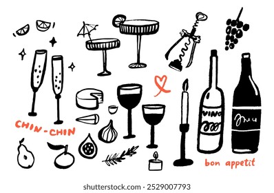 Cafe bar doodles, wine bottle and glasses, cocktails drawing. Black ink sketch trendy icons of drinks, food and appetizers isolated on white. Creative art set.