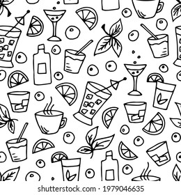 Cafe bar, drinks, alcohol. Cups, glasses, lemon slice, mint leaves, bubbles, cocktail. Simple seamless vector pattern in doodle style, black outline on white background. Wrapping paper print, label.