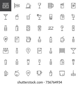 Cafe, bar drinks and beverages line icons set, outline vector symbol collection, linear style pictogram pack. Signs, logo illustration. Set includes icons as cocktails, pub, menu, champagne, corkscrew