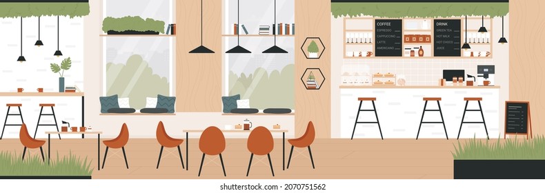 Cafe Bar Empty Interior Vector Illustration. Cartoon Cafeteria, Coffee Shop Room Design With Table And Chairs Furniture, Stools At Counter, Seat With Cozy Pillows By Window, Shelf On Wall Background