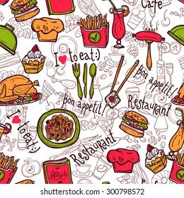 Cafe Bar Fast Food Hamburger Chips Symbols Seamless Restaurant Wrap Paper Pattern Doodle Sketch Abstract Vector Illustration
