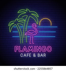 Cafe and bar Flamingo. Palm trees, sea, sun, island. Neon bright signboard. Logo. Bright banner. Flamingo. Emblem. vector image