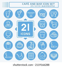 Icono del conjunto de iconos del Café y la barra en el estilo de los ojos azules de moda aislado en un fondo azul suave