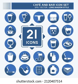 Icono de conjunto de iconos de Cafe y Bar en el estilo moderno de sombra larga aislado en un fondo azul suave