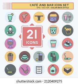 Icono del conjunto de iconos del Café y la barra en un estilo mate de color moderno aislado en un fondo azul suave