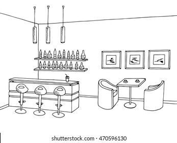 Cafe bar interior graphic art black white sketch illustration vector