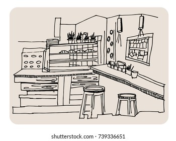 Cafe bar interior graphic art black white sketch illustration vector