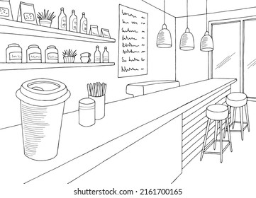 Cafe bar interior graphic black white sketch illustration vector 