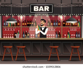 Cafe Bar Interior Realistic Composition With Barman Behind Counter Serving Drinks Against Wine Shelves Background Vector Illustration 